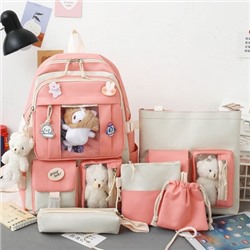 Комплект рюкзак из 5 предметов, арт Р66, цвет:розовый с брелком